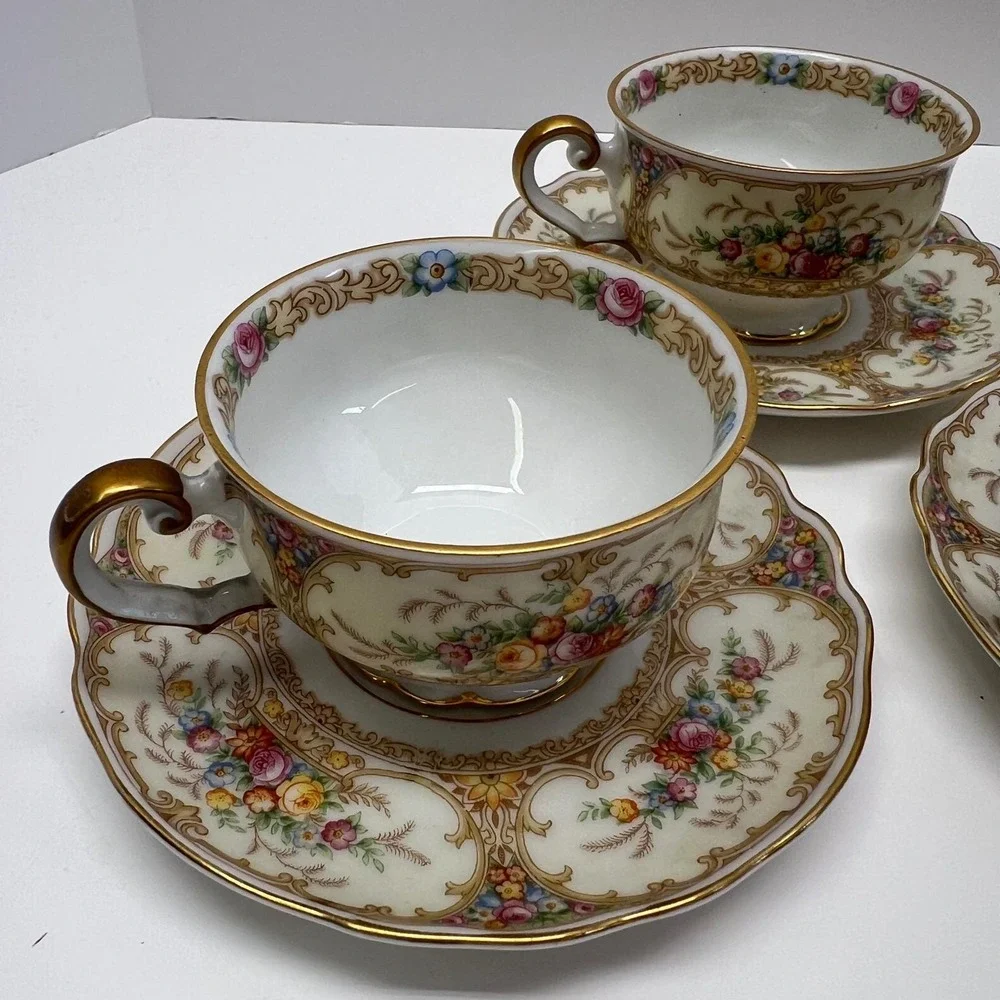 Paul Muller Selb‎ Bavaria Meadowbrook Two Tea Cup Saucer Sets Floral Gold Trim